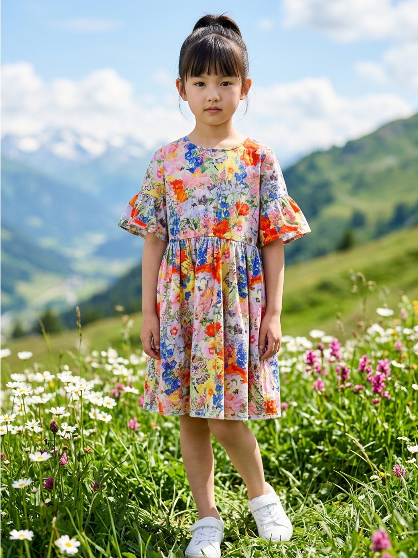 Molo Multicolor Floral Ruffle-Sleeve Dress